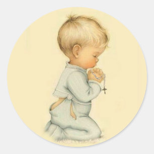 Pegatina Redonda Vintage Little Boy Orando Rosario