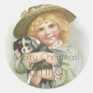 Pegatina Redonda Vintage Little Girl Little Dog Merry Christmas