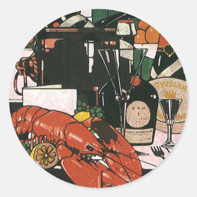 Pegatina Redonda Vintage Lobster Champagne; elegante Fiesta (Anverso)