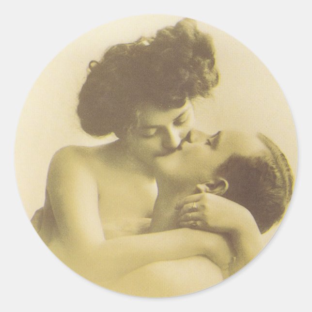 Pegatina Redonda Vintage love couple kissing sepia illustration (Anverso)