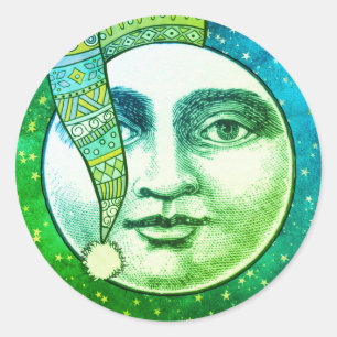 Pegatina Redonda Vintage man moon cara llena gorra de invierno verd