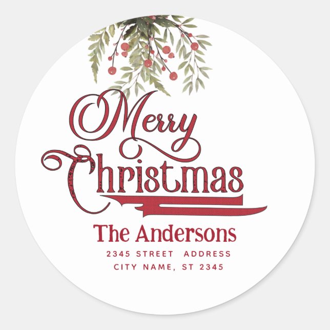 Pegatina Redonda Vintage Merry Christmas botanical holly (Anverso)