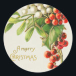 Pegatina Redonda Vintage Merry Christmas Red & White Holly Berries<br><div class="desc">Vintage Feliz Navidad Red & White Holly Berries Tarjeta de vacaciones.</div>