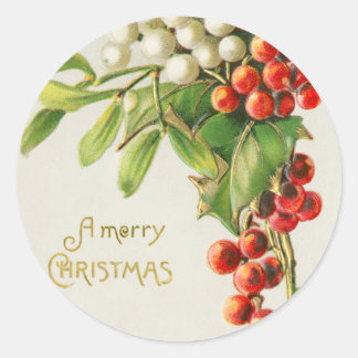 Pegatina Redonda Vintage Merry Christmas Red & White Holly Berries