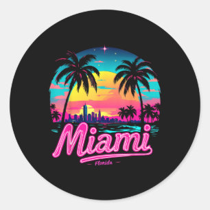 Pegatina Redonda Vintage Miami Beach - Retro 305 Florida Sunset Gra