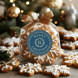 Pegatina Redonda Vintage Monograma Corona Cuadros Azules Navidad