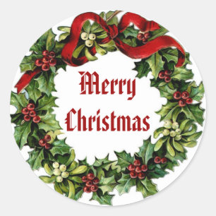 Pegatina Redonda Vintage Navidad Holly Wreath con cinta roja