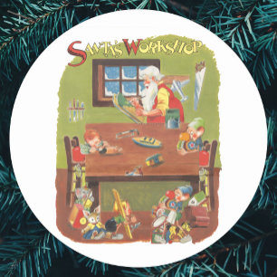 Pegatina Redonda Vintage Navidad Santa con elfos en el taller
