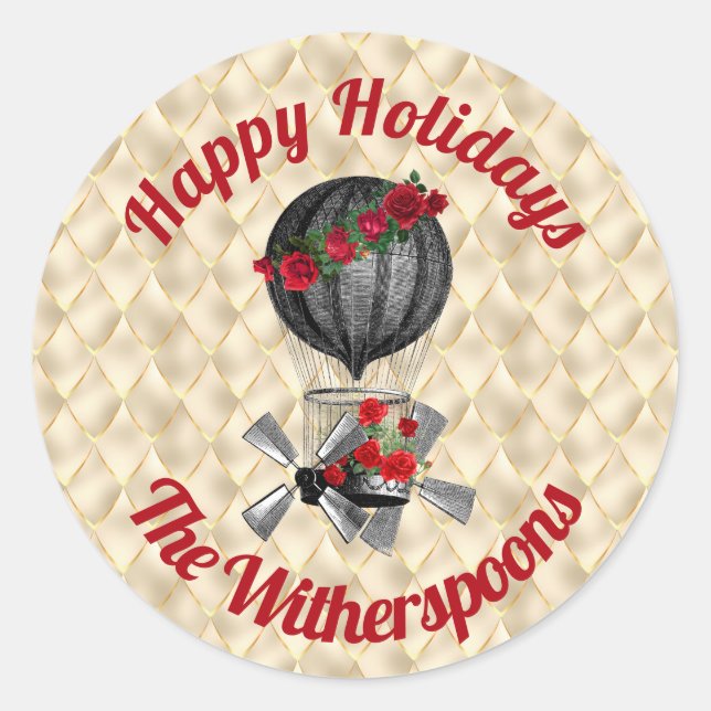 Pegatina Redonda Vintage navidad Steampunk Airship en Cream (Anverso)