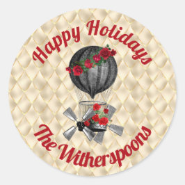 Pegatina Redonda Vintage navidad Steampunk Airship en Cream