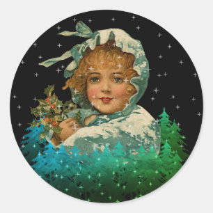 Pegatina Redonda Vintage navidad tapada Chica Estrellas nocturnas 