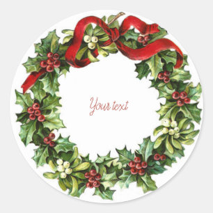 Pegatina Redonda Vintage Navidad wreath pino rojo retro