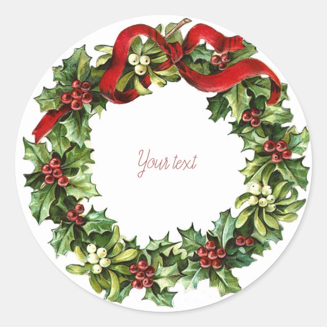 Pegatina Redonda Vintage Navidad wreath pino rojo retro (Anverso)