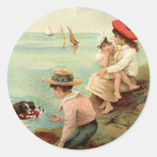 Pegatina Redonda Vintage - Niños en la playa