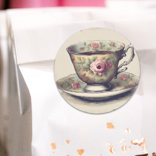 Pegatina Redonda Vintage país francés Shabby Chic Floral Tea Cup