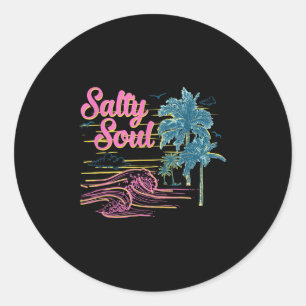 Pegatina Redonda Vintage Palm Tree Beach Vibes Retro Salty Summer S