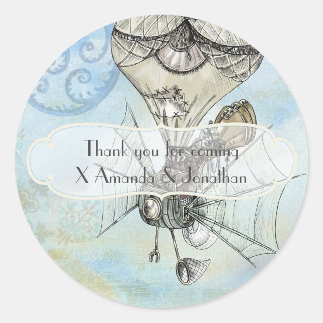 Pegatina Redonda Vintage Paris Steampunk Wedding Party (Anverso)