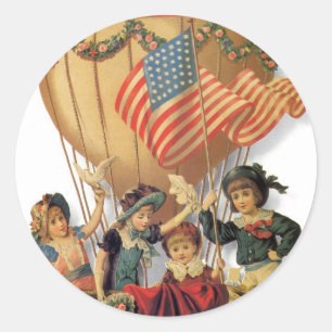 Pegatina Redonda Vintage Patriótico, Niños en un Globo Aerostático