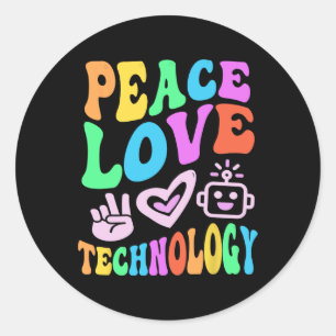 Pegatina Redonda Vintage Peace Love Technology Retro Teach