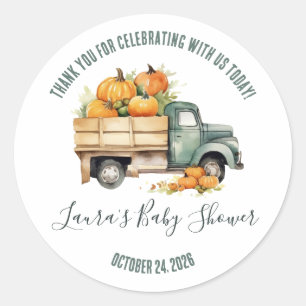 Pegatina Redonda Vintage Pickup Truck Pumpkins Baby Shower Favor