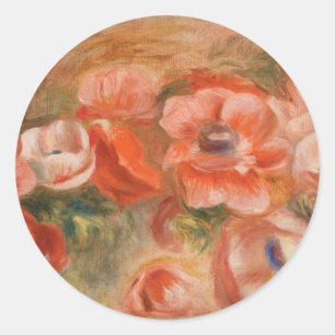 Pegatina Redonda Vintage Pierre Auguste Renoir Anemones Azules Rosa