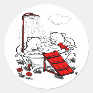 Pegatina Redonda Vintage Piggies & Bird In Bath