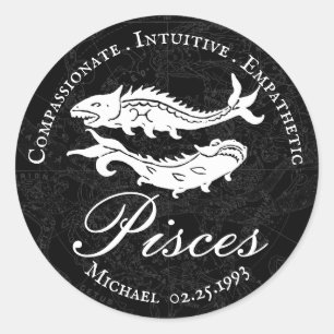 Pegatina Redonda Vintage Pisces Zodiac Trait Astrología Personaliza