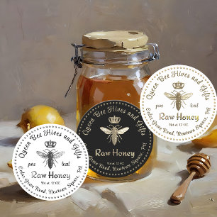 Pegatina Redonda Vintage Queen Abeja Miel Guión de la Corona de Oro