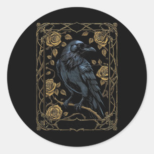 Pegatina Redonda Vintage Raven Tarot Card Bruja gótica pagana