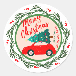 Pegatina Redonda Vintage Red Car Merry Christmas Nombre personaliza