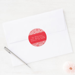Pegatina Redonda Vintage Red Damask Personalizado Navidades Direcci
