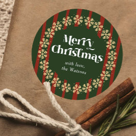 Pegatina Redonda Vintage Red & Green Plaid Pattern Feliz Navidad