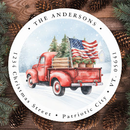 Pegatina Redonda Vintage Red Navidades Camión Dirección de Retorno