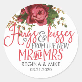 Pegatina Redonda Vintage Red Roses Abrazos y besos nuevos Sr. y Sra