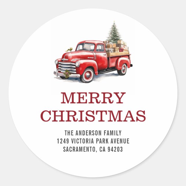 Pegatina Redonda Vintage Red Truck Christmas Tree Address (Anverso)