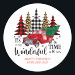 Pegatina Redonda Vintage Red Truck Merry Christmas<br><div class="desc">Vintage Red Truck Merry Christmas Classic Round Pegatina</div>