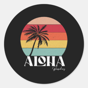 Pegatina Redonda Vintage Retro Aloha Beach Tropical Summer Vacati