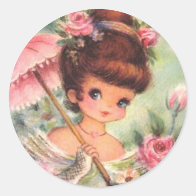 Pegatina Redonda Vintage Retro Chica Floral (Anverso)