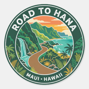 Pegatina Redonda Vintage Road to Hana Hawaii