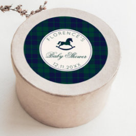 Pegatina Redonda Vintage Rocking Horse Classic Plaid Baby Shower