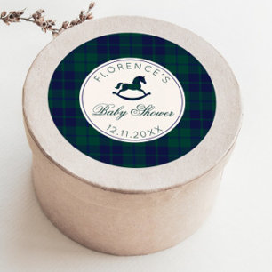 Pegatina Redonda Vintage Rocking Horse Classic Plaid Baby Shower