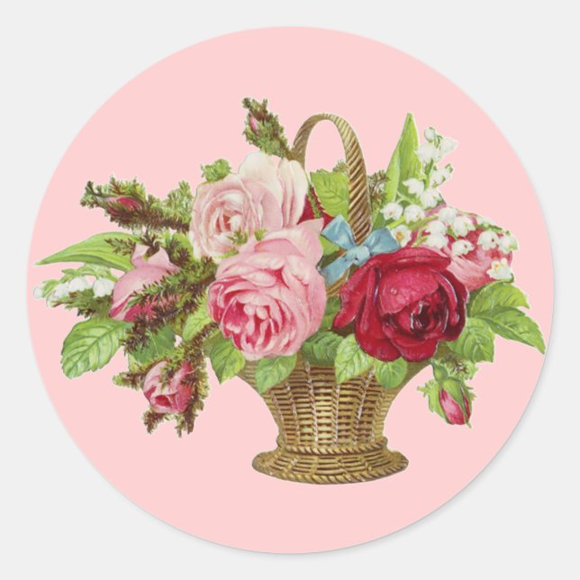 Pegatina Redonda Vintage Rosa Flower Basket (Anverso)