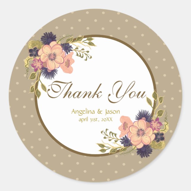 Pegatina Redonda Vintage Rosa Gold Boda Gracias (Anverso)