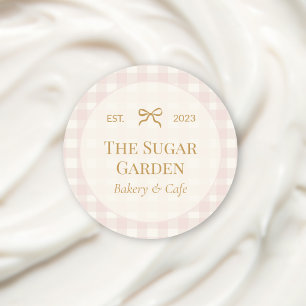 Pegatina Redonda Vintage Rosa y Gingham de Crema Marca de Panadería
