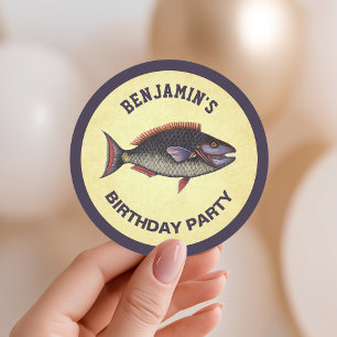 Pegatina Redonda Vintage Rustic Fishing Birday Party Favor