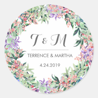 Pegatina Redonda Vintage Rustic Floral Wreath Wedding Favor