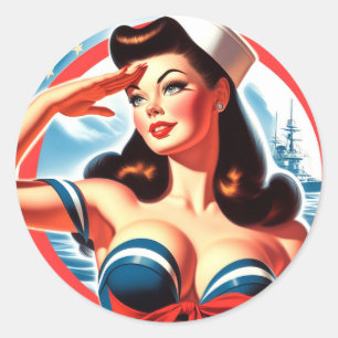 Pegatina Redonda Vintage Sailor Pin-up