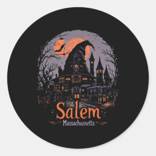Pegatina Redonda Vintage Salem Machusetts Halloween Skyline Citysca