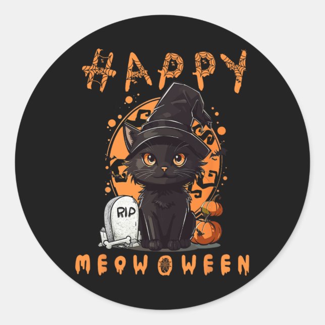 Pegatina Redonda Vintage Scary Halloween Black Cat Costume (Anverso)