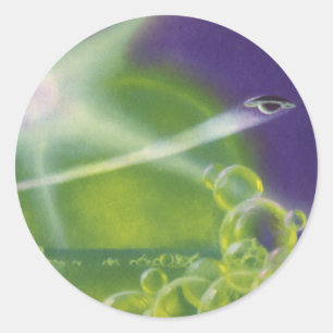 Pegatina Redonda Vintage Science Ficción Sci Fi Green Bubble Planet